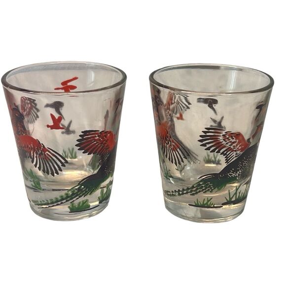 Vintage 2 Hazel Atlas Pheasant Shot Glasses Barware Hunting Lodge Man Cave MCM - Picture 5 of 8